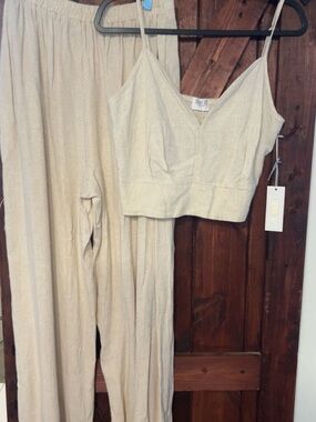Beige Linen-Look Two-Piece Set - Crop Top & Wide Leg Pants